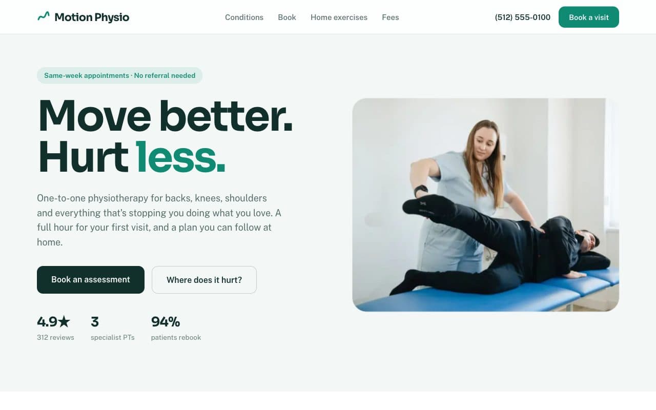 Physiotherapy Clinic Website demo: the Motion Physio homepage