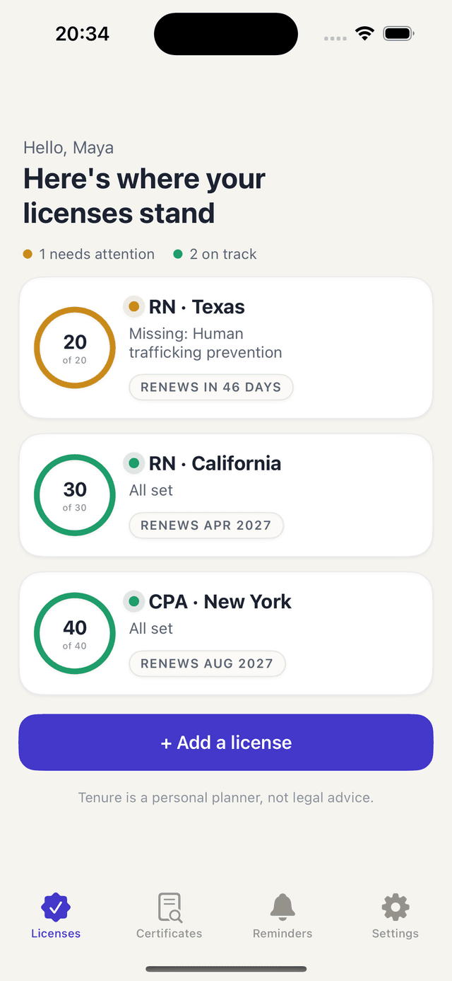 Tenure app screenshot