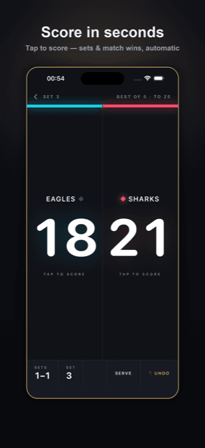 VolleyScore app shown on iPhone